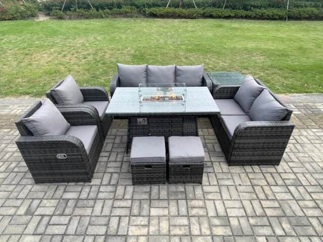 Fimous 9 Seater PE Wicker Outdoor Rattan Garden Furniture Set Propane Gas Fire Pit Table and Sofa Chair set with Side Table 2 Small Footstools