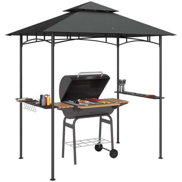 Outsunny 2.4 x 1.5 m Grill Gazebo Canopy with LED Lights, Double Tiered Outdoor BBQ Gazebo Shelter with 2 Side Shelves, Storage Basket and Hooks for Garden, Barbecue, Picnic, Dark Grey