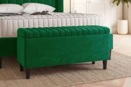 150cm Lined Upholstered Ottoman Storage box - Forest Green Plush Velvet Blanket Storage Box with Wooden Legs