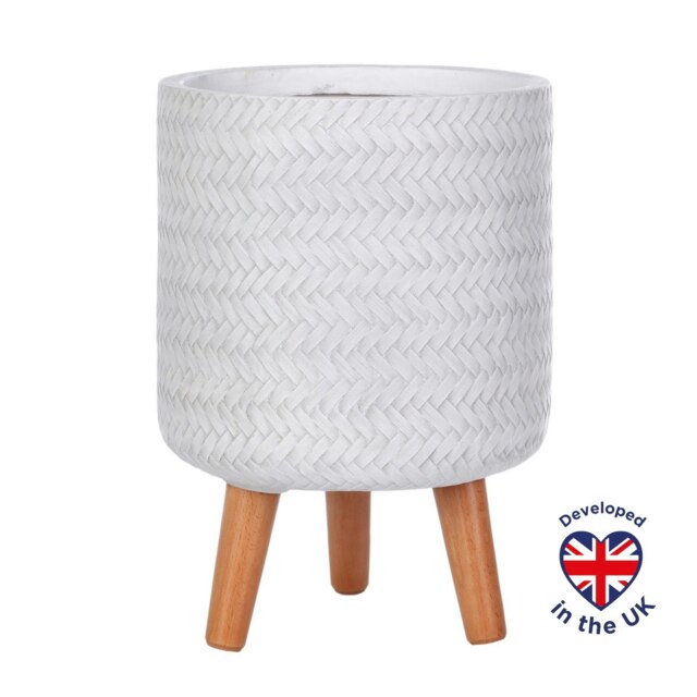 Plaited Style White Cylinder Planter on Legs, Round Pot Plant Stand Indoor D24 H35 cm, 8.7 ltrs Cap.