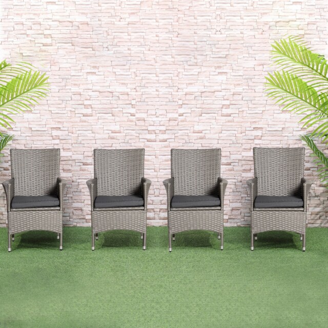 Outsunny 4 Pieces Outdoor PE Rattan Dining Chairs Set with Cushion, Garden Armchair with Armrests, High Backrest, Metal Frame Patio Wicker Furniture, Grey