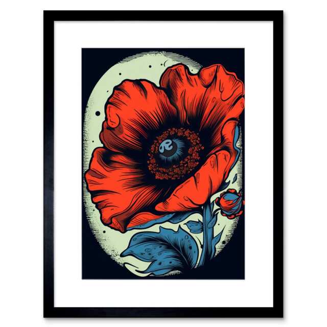 "Poppy Flower Old School USA Tattoo Body Americana 50s 9x7"" Black Framed Wall Art Print"