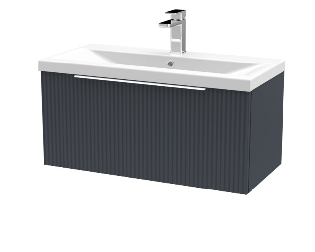 Balterley Fluted Wall Hung 1 Drawer Vanity Basin Unit with Ceramic Basin Grey Satin Soft Black