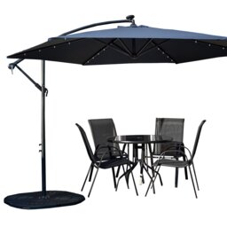 Outdoor 4 Person Round Glass Top Garden Dining Table Chairs With Blue Banana Lit Parasol and Base
