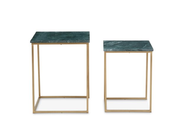 Orsina Marble Top Green Set of 2 Side Table, Open Design Frame Bedside Table, Square End Table for Living Room