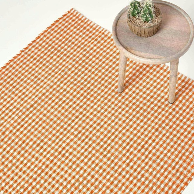 Homescapes Cotton Gingham Check Rug Hand Woven Orange White - 70 x 120 cm Orange Orange