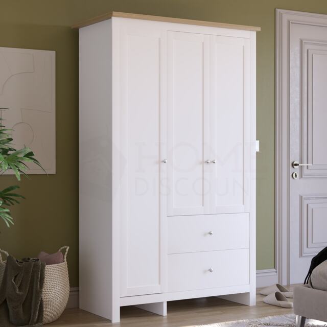 Vida Designs Arlington 3 Door 2 Drawer Wardrobe With Shelf & Clothes Rail, White & Oak