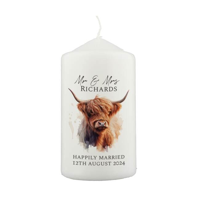 Personalised Highland Cow Pillar Candle White 1