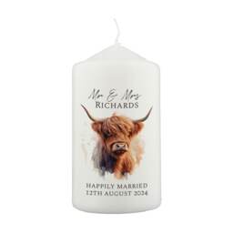 Personalised Highland Cow Pillar Candle White 1