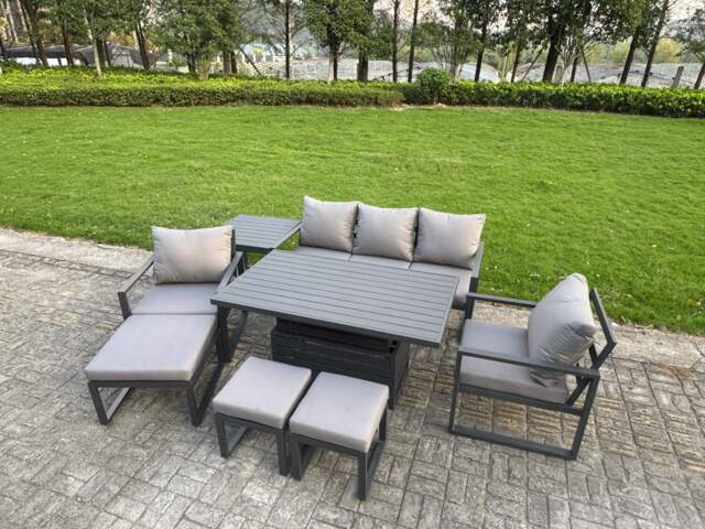 Fimous Aluminium Garden Furniture Sets 8 Seater Outdoor Sofa Set with Adjustable Rising Lifting Dining Table 2 Chairs 3 Footstools Side Table