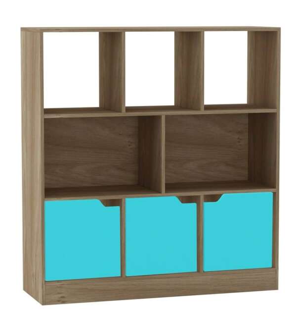 Asymmetrical 8 Cube Oak Freestanding Bookcase Shelf Storage Unit with 3 Doors Blue Plain Doors - Blue 1