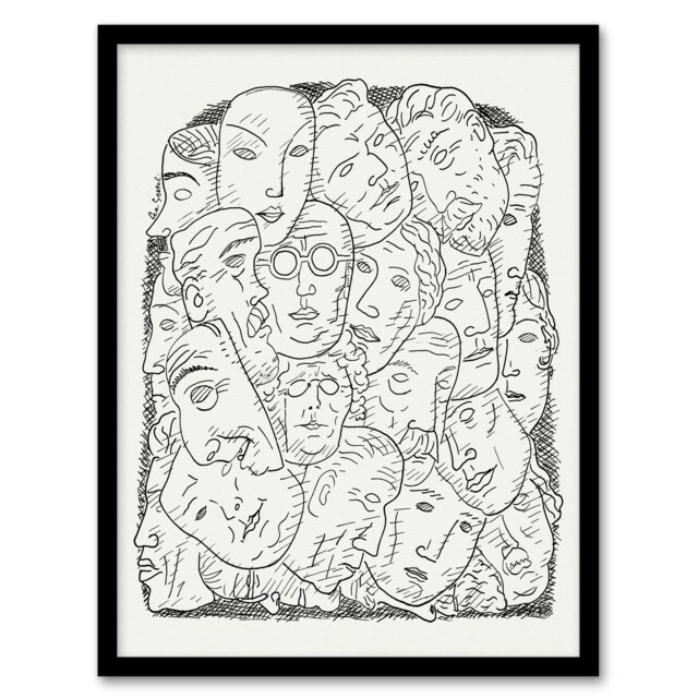 "Maskers Masks Black And White Drawing Gestel Framed Wall Art Print 12X16"""