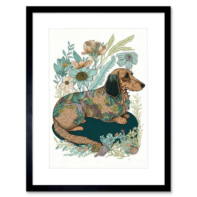 "Dachshund Dog Lovers Gift Spring Flowers 9x7"" Black Framed Wall Art Print"