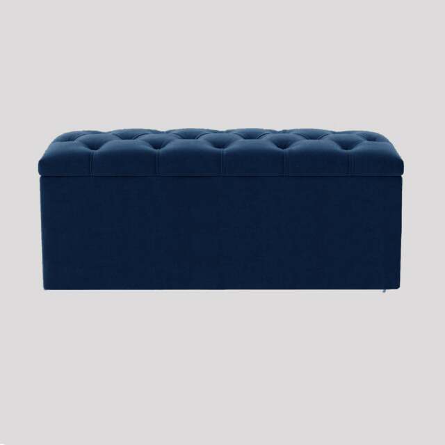 90cm Luna Chesterfield Ottoman Storage Box - Sapphire Blue Plush Velvet Upholstered Blanket Box