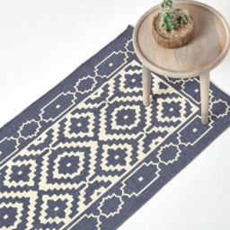 Homescapes Halmstad Blue and White Scandi Style Cotton Printed Hall Runner - 66 x 200 cm Blue Navy and white