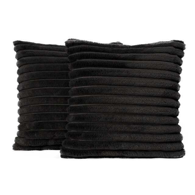 OHS 2 x Faux Fur Matte Velvet Fleece Thick Ribbed Cushion Covers, 45x45cm - Black