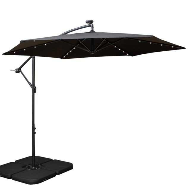 3m Solar Powered Lit Banana Cantilever Garden Parasol with LEDs & Base Weights Included in Black