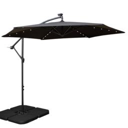 3m Solar Powered Lit Banana Cantilever Garden Parasol with LEDs & Base Weights Included in Black