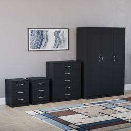 Vida Designs Riano 4 Piece Bedroom Set (2x 3 Drawer Bedside Chest, 5 Drawer Chest, 3 Door Wardrobe) - Black