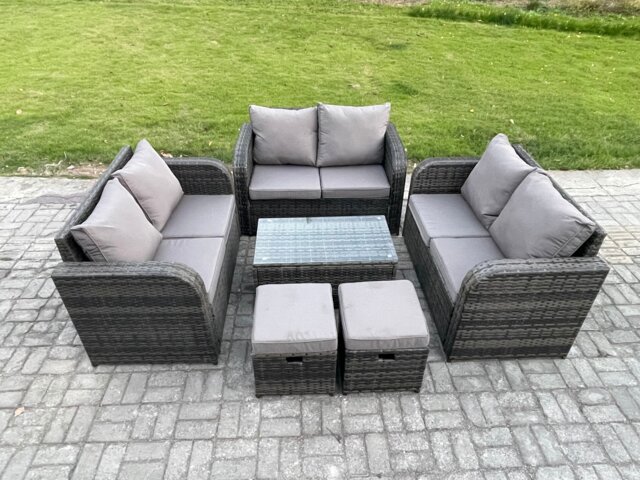 Fimous Outdoor Garden Furniture Sets 8 Seater Wicker Rattan Furniture Sofa Sets with Rectangular Coffee Table Love Sofa 2 Small Footstools Dark Grey Mixed