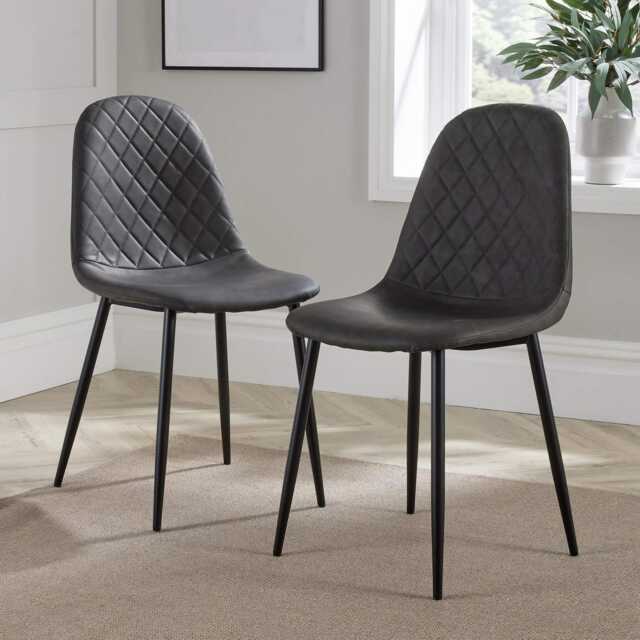 Grey Kitchen Dining Chairs Pair Set of 2 Black Metal Legs Diamond Fabric Design