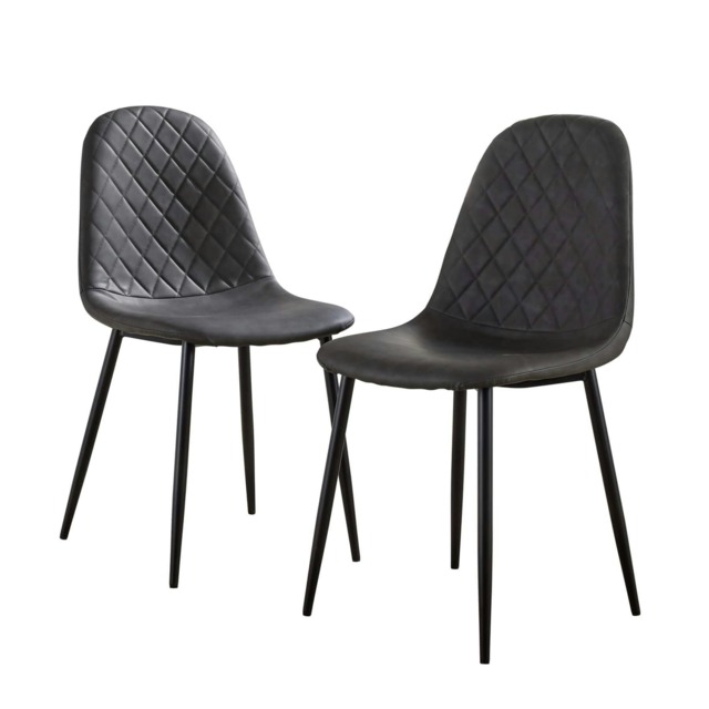 Grey Kitchen Dining Chairs Pair Set of 2 Black Metal Legs Diamond Fabric Design