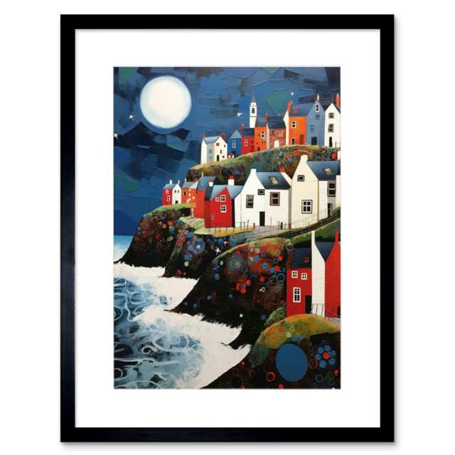 "Seaside Village Houses Cliff Folk Art Coastal Landscape 9x7"" Black Framed Wall Art Print"