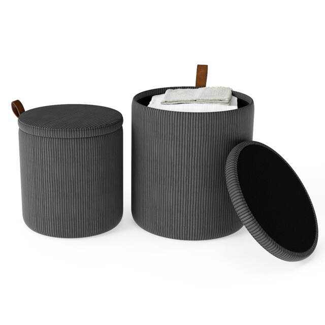 COSTWAY Round Ottoman Set of 2 Nesting Upholstered Vanity Stools-Grey