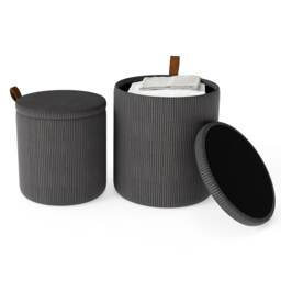 COSTWAY Round Ottoman Set of 2 Nesting Upholstered Vanity Stools-Grey
