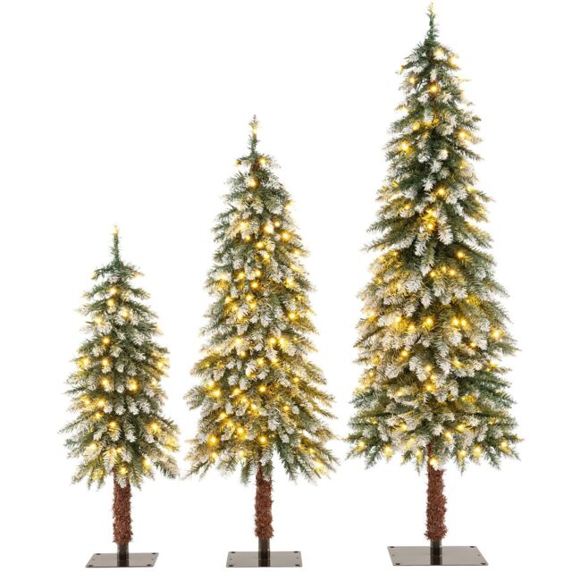 COSTWAY 3 FT/ 4 FT/ 5FT Artificial Xmas Tree Set of 3 Snowy Christmas Tree LED Lights