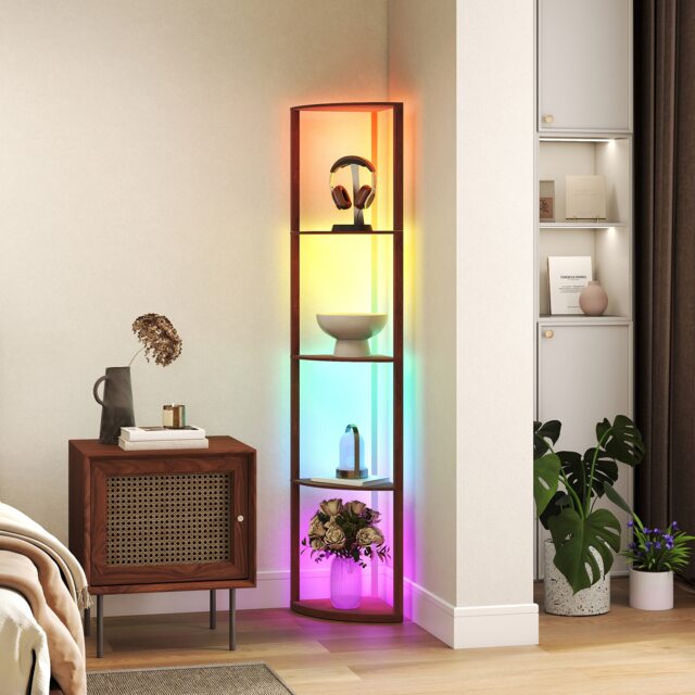 HOMCOM RGB LED Floor Lamp with Shelves, 5-Tier Dimmable Standing Lamp with Adjustable Brightness and Remote Control, Modern Corner Display Shelf Unit for Living Room Bedroom Office, Brown Brown