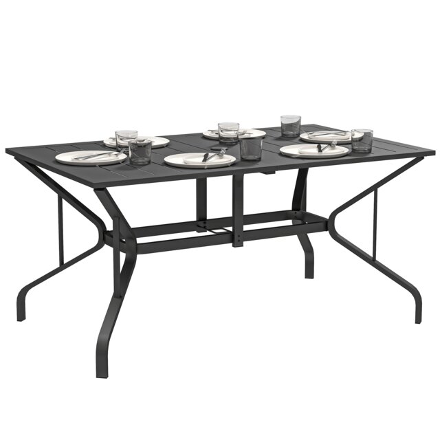 Outsunny Garden Dining Table with Steel Frame and Slatted Top, Black Black Black 150L x 90W x 73H cm