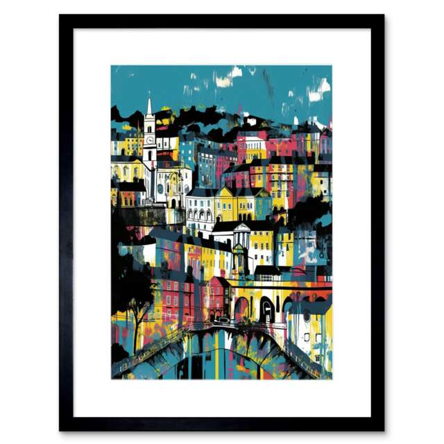 "Modern Vertical Cityscape Blue Pink Yellow 9x7"" Black Framed Wall Art Print"