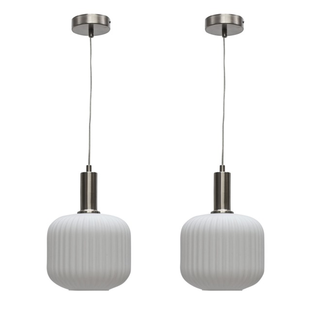 Set of 2 Bento - White Ribbed Glass Satin Nickel Deco Pendant Fittings