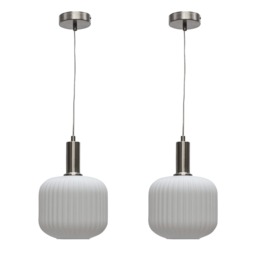 Set of 2 Bento - White Ribbed Glass Satin Nickel Deco Pendant Fittings