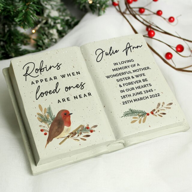 Personalised Robins Memorial Book Resin Garden Ornament