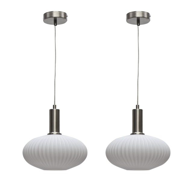 Set of 2 Baton - White Ribbed Oval Glass Satin Nickel Deco Pendants