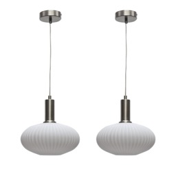 Set of 2 Baton - White Ribbed Oval Glass Satin Nickel Deco Pendants