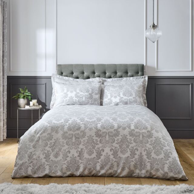 Damask Jacquard Duvet Cover Set Silver Silver Grey