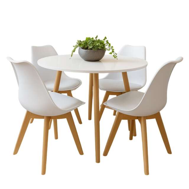 Round Dining Table and chairs set of 4 White Tulip Chairs Wood Circular Table