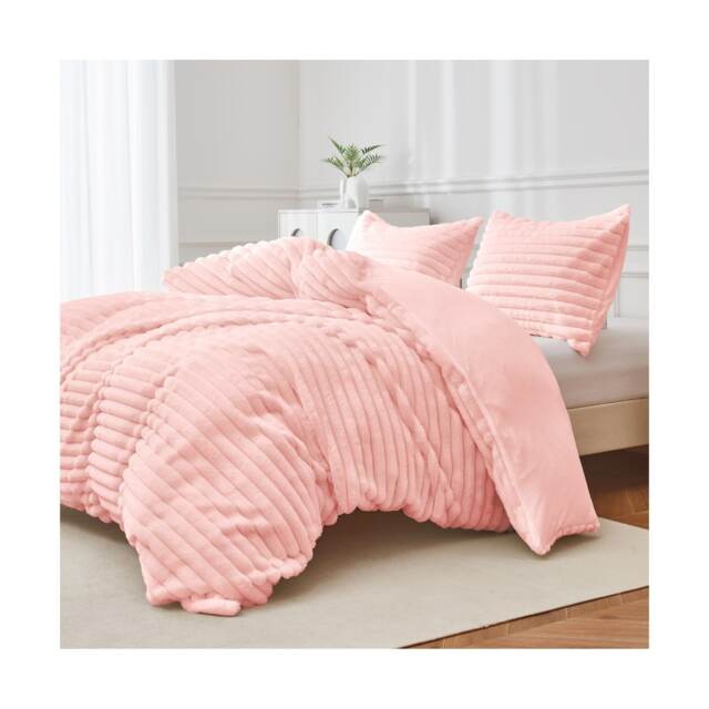 Super Soft Luxury Faux Fur Stripe Duvet Cover Plush Winter Bedding Pink Pink King