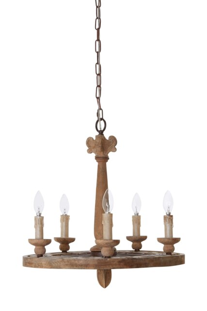 Orsina 5 Arm Shabby Chic Chandelier, Aged Wood & Metal Hanging Ceiling Light, Melted Candle Holder Design