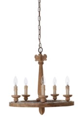 Orsina 5 Arm Shabby Chic Chandelier, Aged Wood & Metal Hanging Ceiling Light, Melted Candle Holder Design