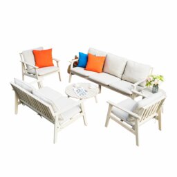 Direct Wicker 6-Piece Wood Outdoor Sectional Sofa Set, Naturally Sanded Garden Conversation Furniture for Patio, Balcony & Yard