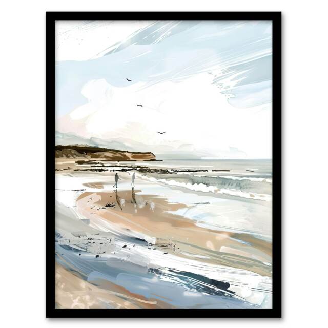 Filey Beach Watercolour Coastal Landscape Black Framed Wall Art Print A4