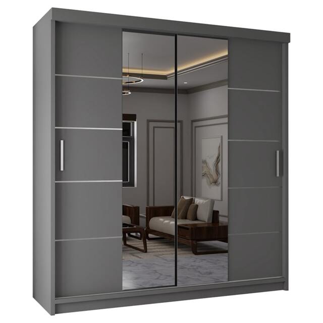 Sliding Wardrobes 4U Modern Panelled Mirror Sliding Wardrobe – 120cm to 203cm, White, Black, Grey, Oak Grey Grey203cm 203cm