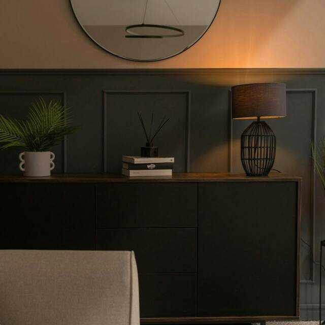 ValueLights Hollins Painted Black Table Lamp Small Grey Shade and Bulb