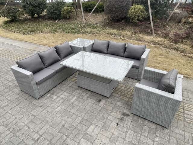 Fimous Rattan Garden Funiture Set Adjustable Rising Lifting Table Sofa Dining Set With Arm Chair And Side Table