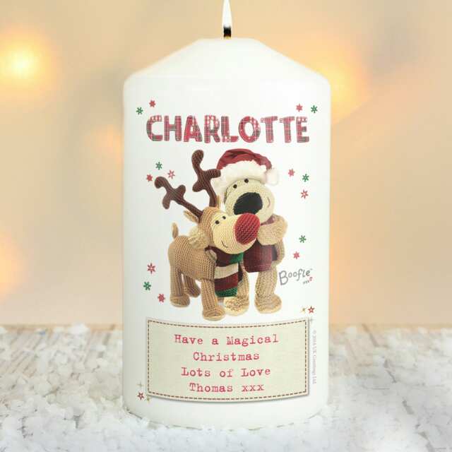 Personalised Boofle Christmas Reindeer Pillar Candle White One Size