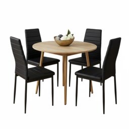 Modern Round Dining Table With 4 Black Faux Leather Chairs Kitchen Furniture Set